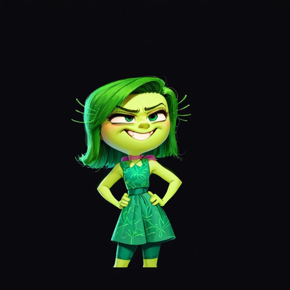 score_9, score_8_up, score_7_up, score_6_up, score_5_up, score_4_up, rating_safe, DisgustEmotion, glowing, 1girl, green skin, green hair, hands on hips, black background, small smile