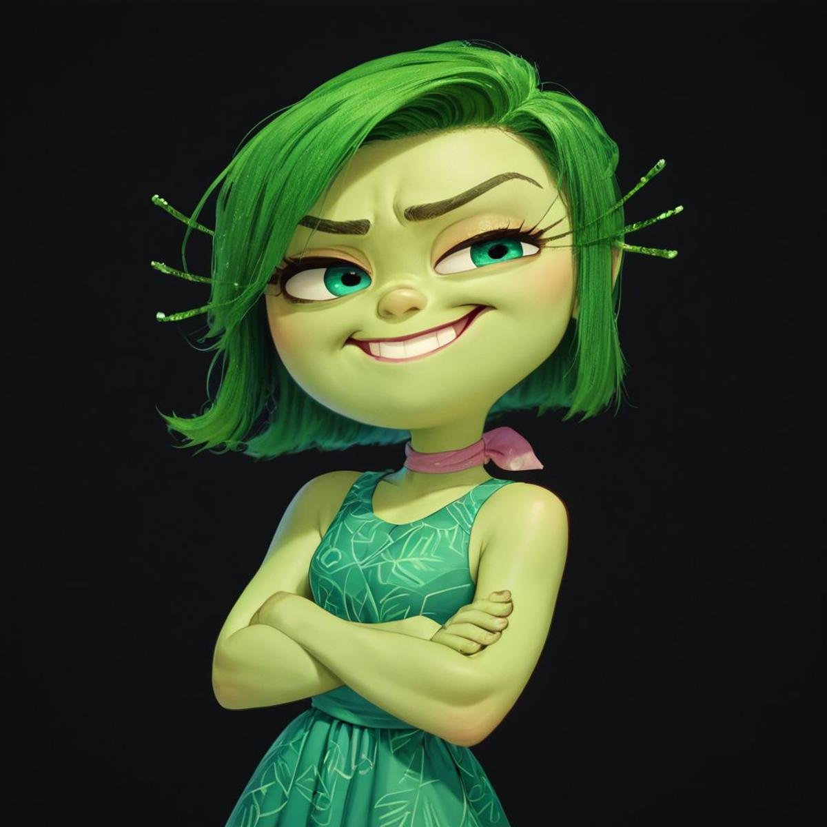 score_9, score_8_up, score_7_up, score_6_up, score_5_up, score_4_up, rating_safe, DisgustEmotion, glowing, 1girl, green skin, green hair, arms crossed, black background, small smile