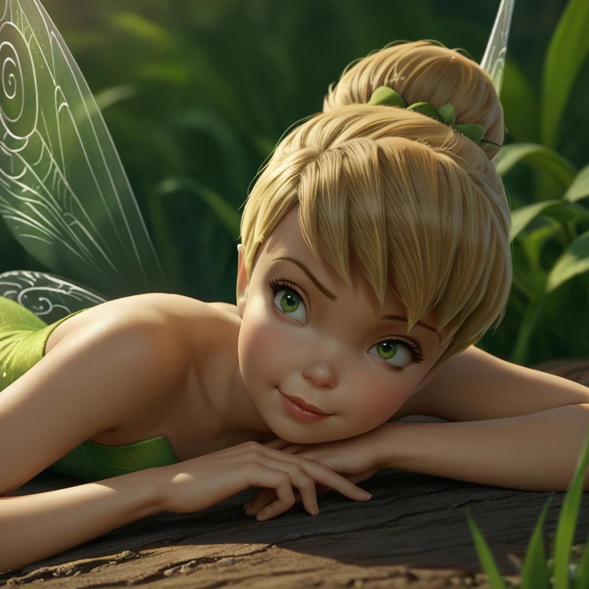 score_9, score_8_up, score_7_up, score_6_up, score_5_up, score_4_up, Tinkerbell, fairy, fairy wings, laying on stomach, facing viewer, portrait