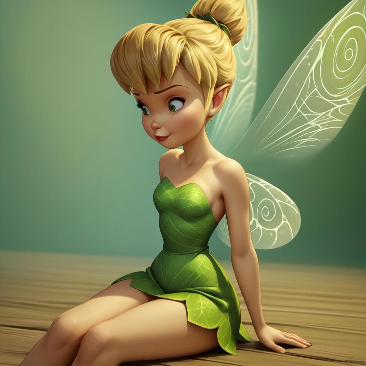 score_9, score_8_up, score_7_up, score_6_up, score_5_up, score_4_up, 1girl, Tinkerbell, rating_questionable, fairy, Fairy wings, small breasts, sitting on the floor 