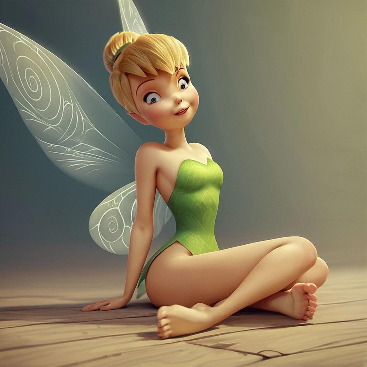 score_9, score_8_up, score_7_up, score_6_up, score_5_up, score_4_up, 1girl, Tinkerbell, rating_questionable, fairy, Fairy wings, small breasts, sitting on the floor, bottom of feet