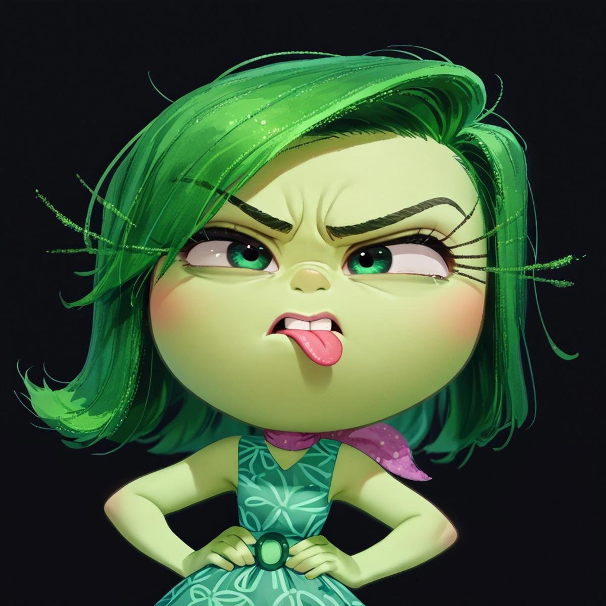 score_9, score_8_up, score_7_up, score_6_up, score_5_up, score_4_up, rating_safe, DisgustEmotion, glowing, 1girl, green skin, green hair, hands on hips, black background, disgusted, sticking tongue out