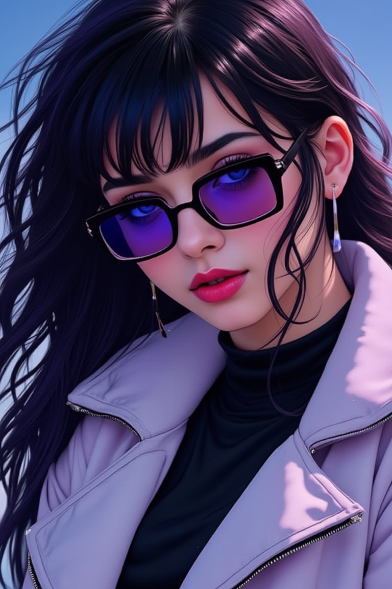 1girl, solo, long hair, looking at viewer, very badass girl, bangs, blue eyes, black hair, jewelry, jacket, upper body, sidelocks, earrings, parted lips, fur trim, black shirt, sunglasses, white jacket, zipper, looking over eyewear, ((masterpiece: 1.2)), light particles, stunning image, attractive image, digital art, professional style, anime style