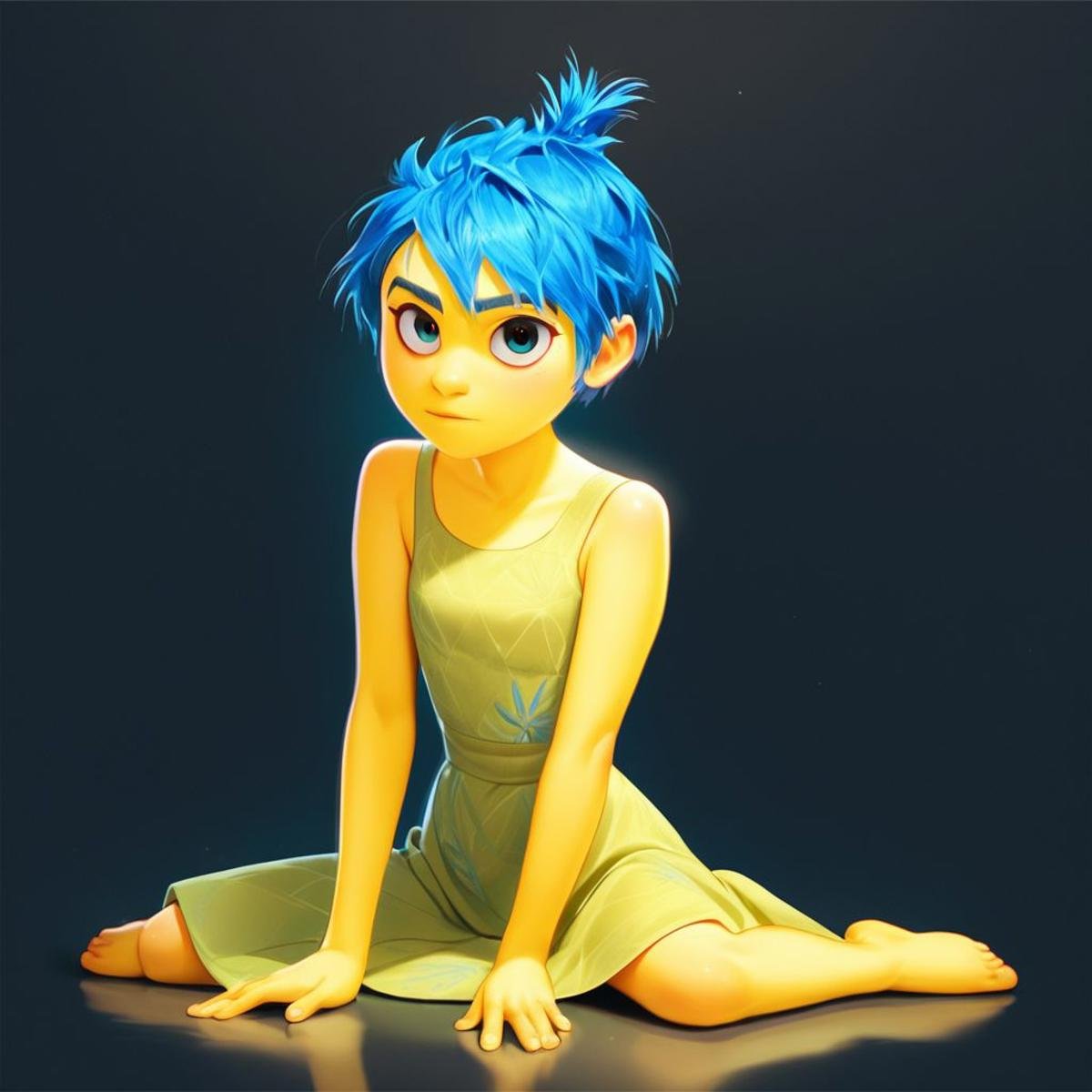 score_9, score_8_up, score_7_up, score_6_up, score_5_up, score_4_up, rating_questionable, JoyEmotion, glowing, 1girl, sitting on the floor, looking at viewer, blue hair, yellow skin, black background, dress, exposed shoulders