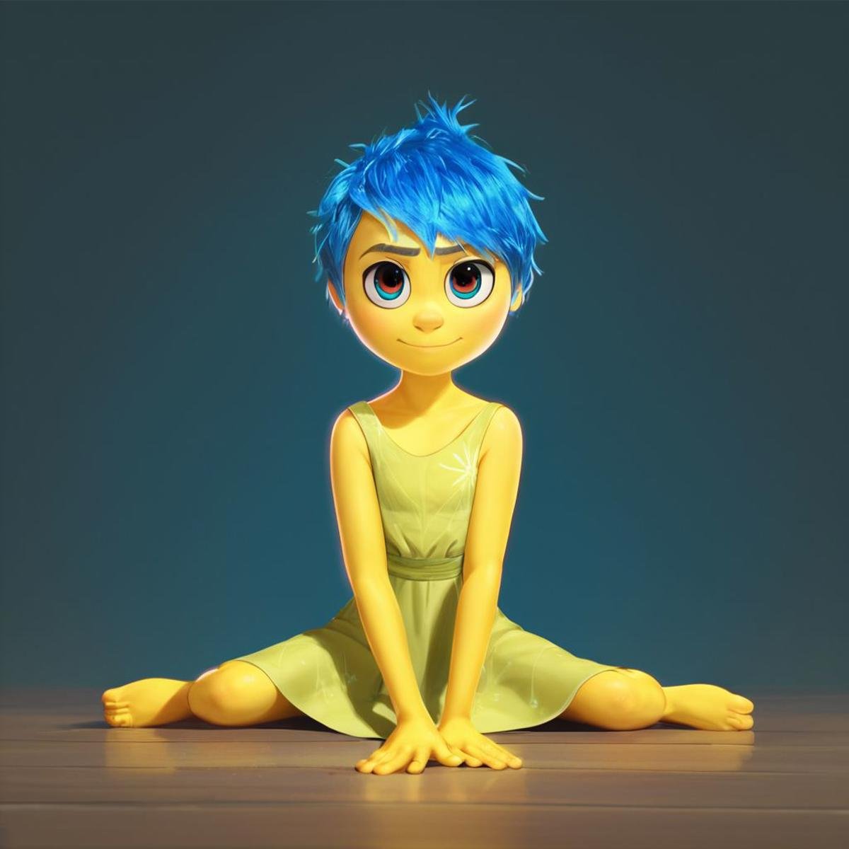 score_9, score_8_up, score_7_up, score_6_up, score_5_up, score_4_up, rating_questionable, JoyEmotion, glowing, 1girl, sitting on the floor, looking at viewer, blue hair, yellow skin, black background, dress, exposed shoulder 