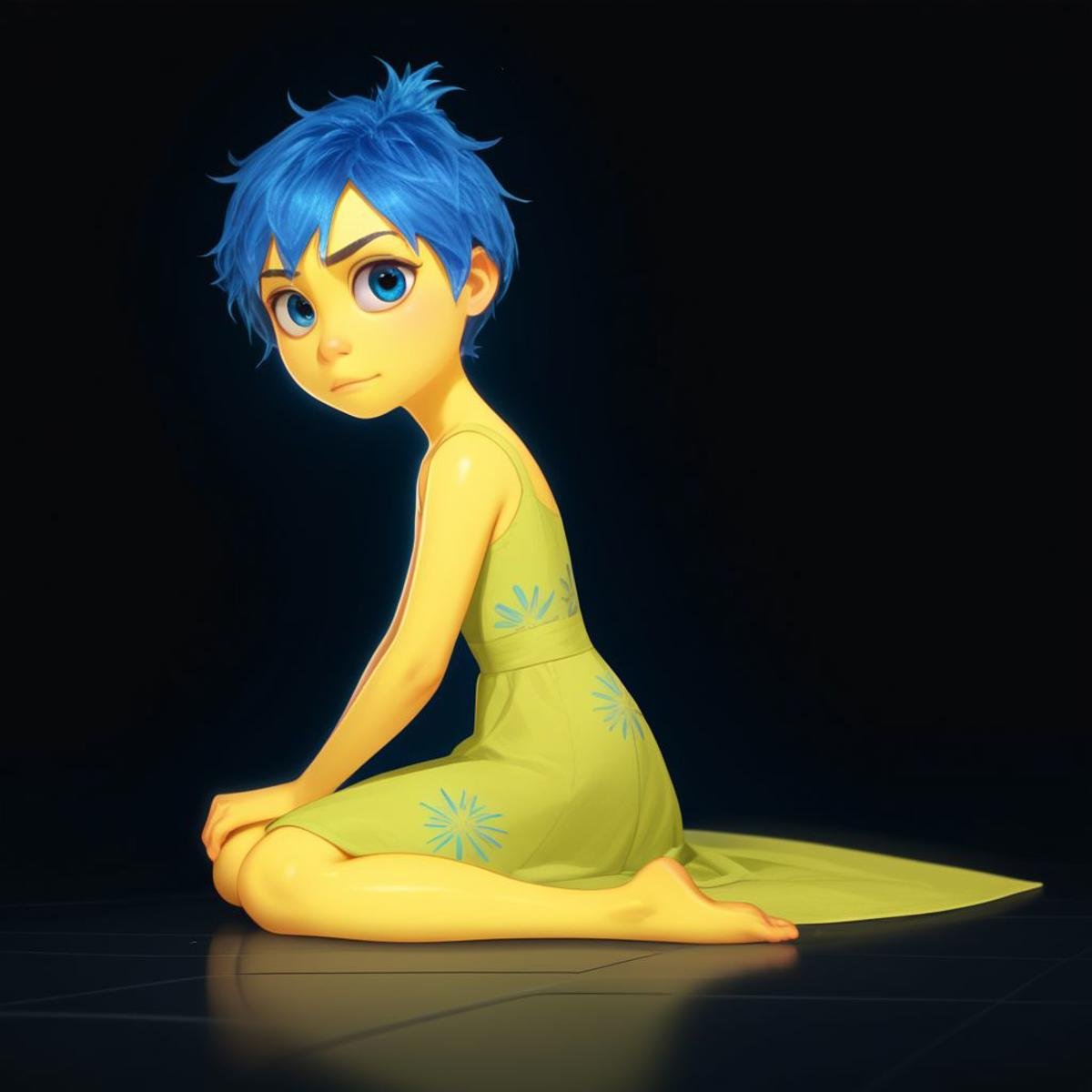 score_9, score_8_up, score_7_up, score_6_up, score_5_up, score_4_up, rating_questionable, JoyEmotion, glowing, 1girl, sitting on the floor, looking at viewer, blue hair, yellow skin, black background, dress