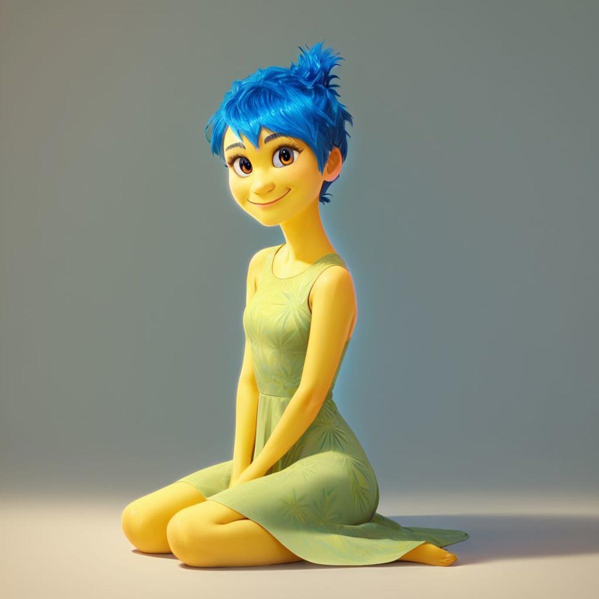 score_9, score_8_up, score_7_up, score_6_up, score_5_up, score_4_up, rating_questionable, JoyEmotion, glowing, 1girl, sitting on the floor, looking at viewer, blue hair, yellow skin, dress, simple background, small smile