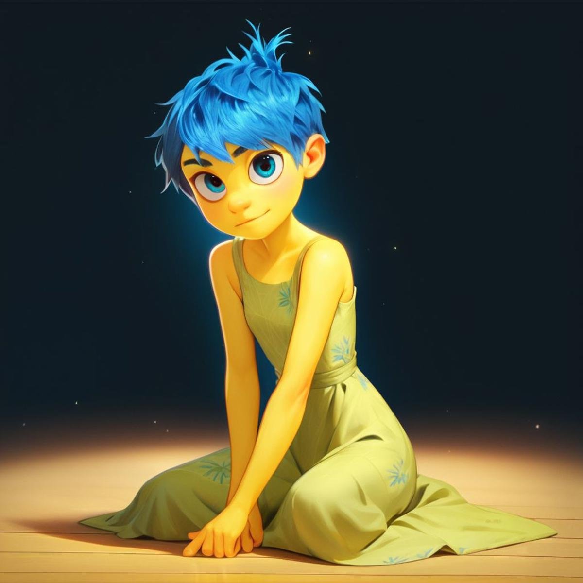 score_9, score_8_up, score_7_up, score_6_up, score_5_up, score_4_up, rating_questionable, JoyEmotion, glowing, 1girl, sitting on the floor, looking at viewer, blue hair, yellow skin, black background, dress, exposed shoulders