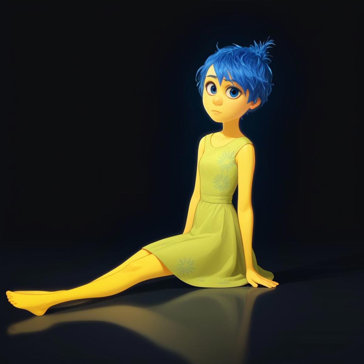 score_9, score_8_up, score_7_up, score_6_up, score_5_up, score_4_up, rating_questionable, JoyEmotion, glowing, 1girl, sitting on the floor, looking at viewer, blue hair, yellow skin, black background, dress