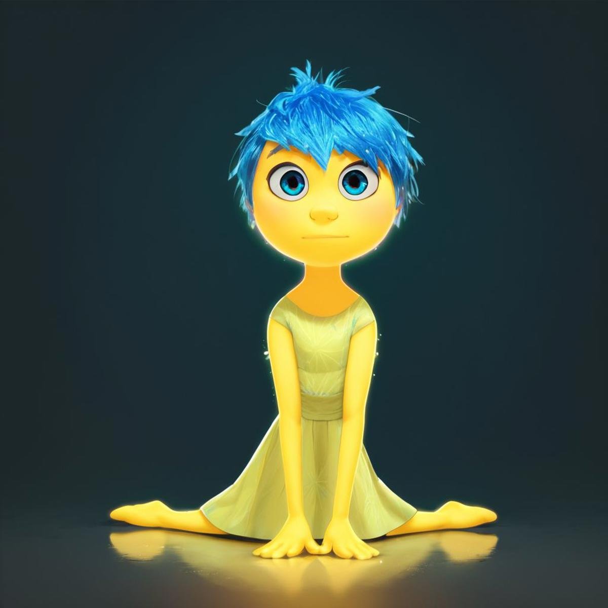 score_9, score_8_up, score_7_up, score_6_up, score_5_up, score_4_up, rating_questionable, JoyEmotion, glowing, 1girl, sitting on the floor, looking at viewer, blue hair, yellow skin, black background, dress