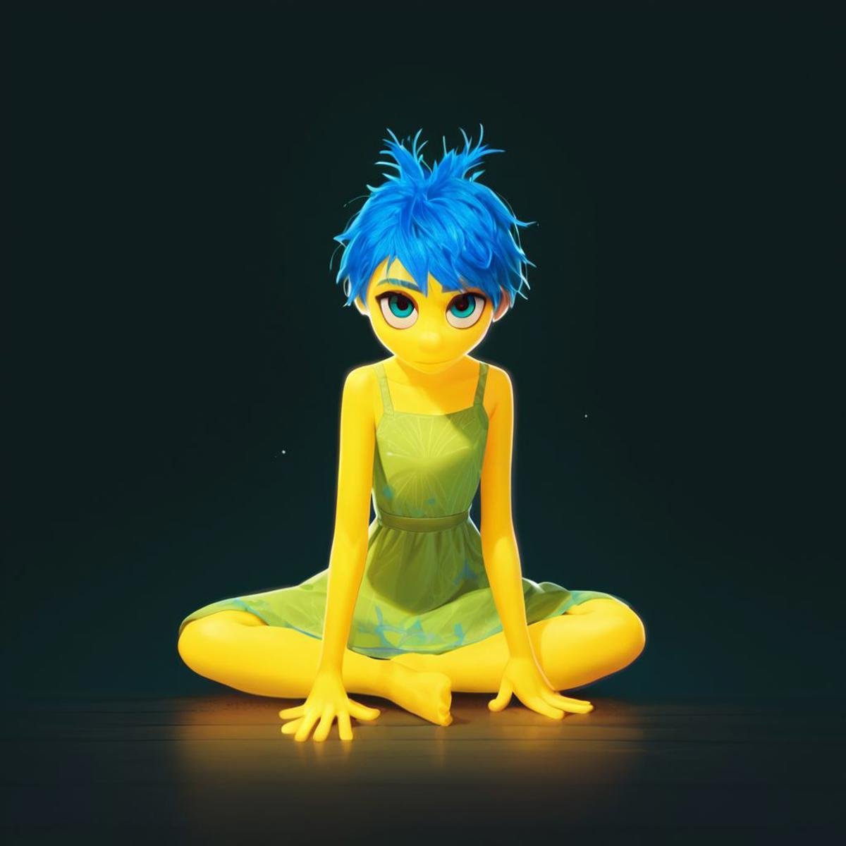 score_9, score_8_up, score_7_up, score_6_up, score_5_up, score_4_up, rating_questionable, JoyEmotion, glowing, 1girl, sitting on the floor, looking at viewer, blue hair, yellow skin, black background, dress, exposed shoulders