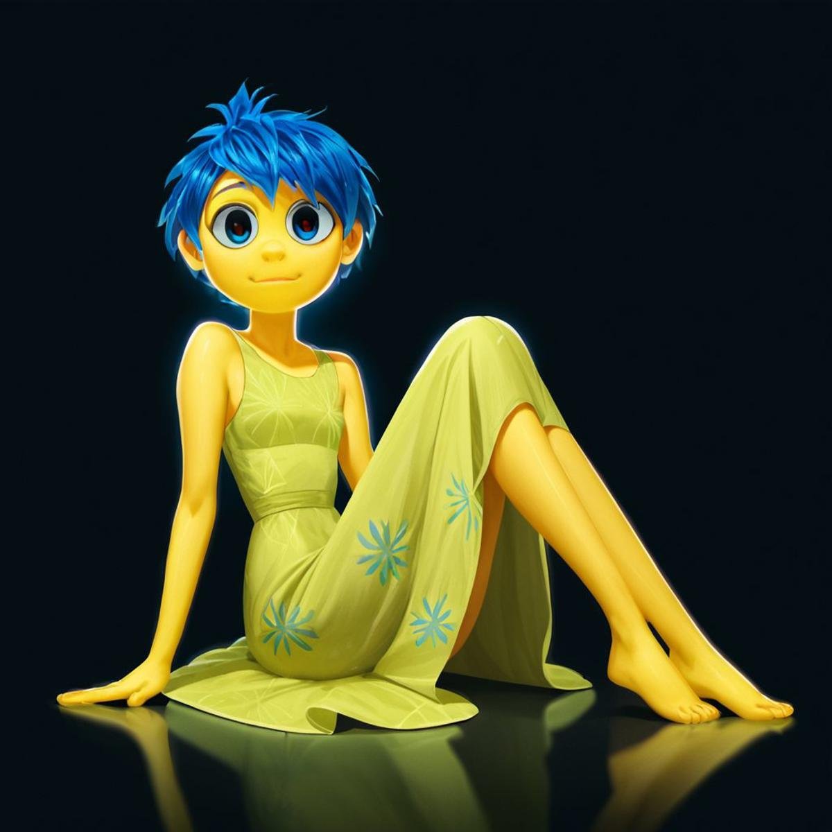 score_9, score_8_up, score_7_up, score_6_up, score_5_up, score_4_up, rating_questionable, JoyEmotion, glowing, 1girl, sitting on the floor, looking at viewer, blue hair, yellow skin, black background, dress, exposed shoulders