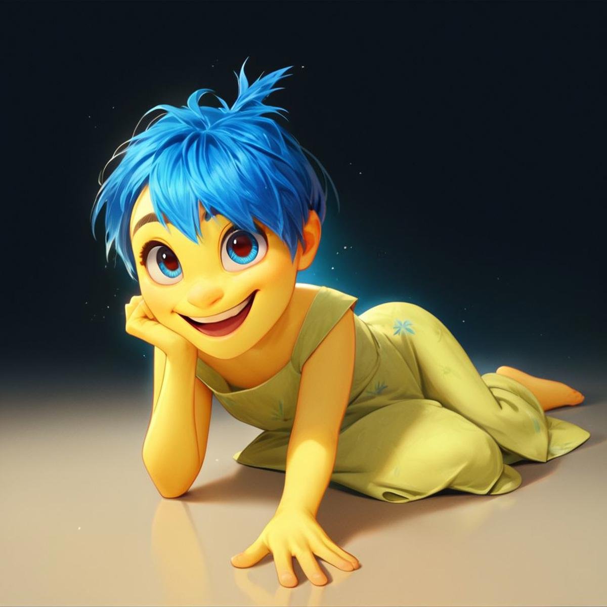 score_9, score_8_up, score_7_up, score_6_up, score_5_up, score_4_up, rating_questionable, JoyEmotion, glowing, 1girl, sitting on the floor, looking at viewer, blue hair, yellow skin, black background, loose dress, open mouth smile 