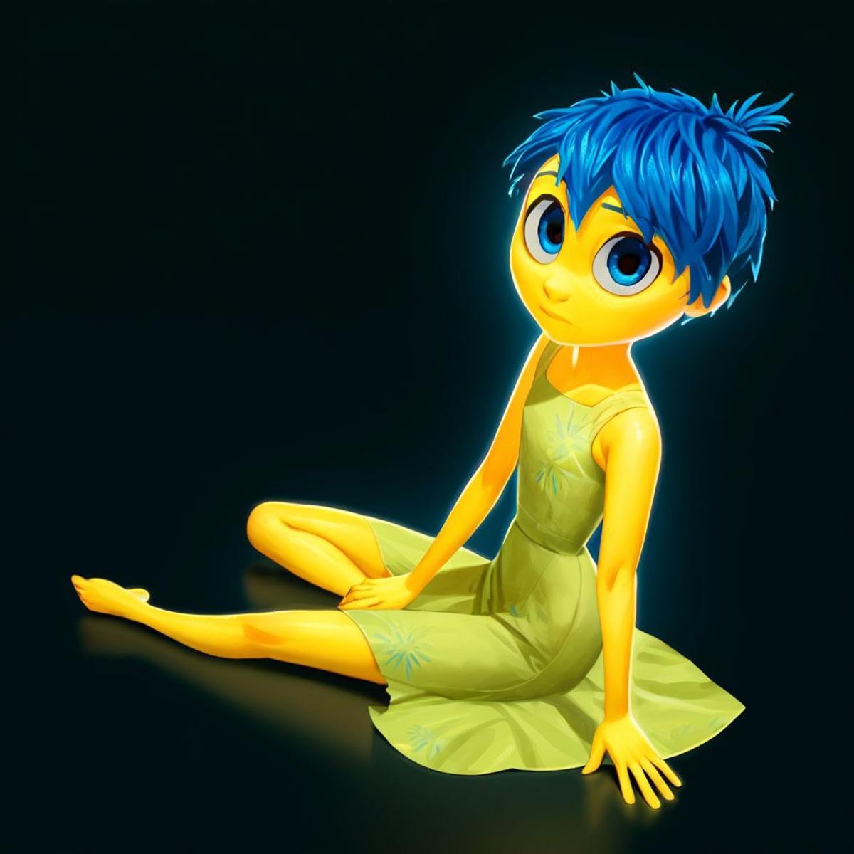 score_9, score_8_up, score_7_up, score_6_up, score_5_up, score_4_up, rating_questionable, JoyEmotion, glowing, 1girl, sitting on the floor, looking at viewer, blue hair, yellow skin, black background, dress, exposed shoulders