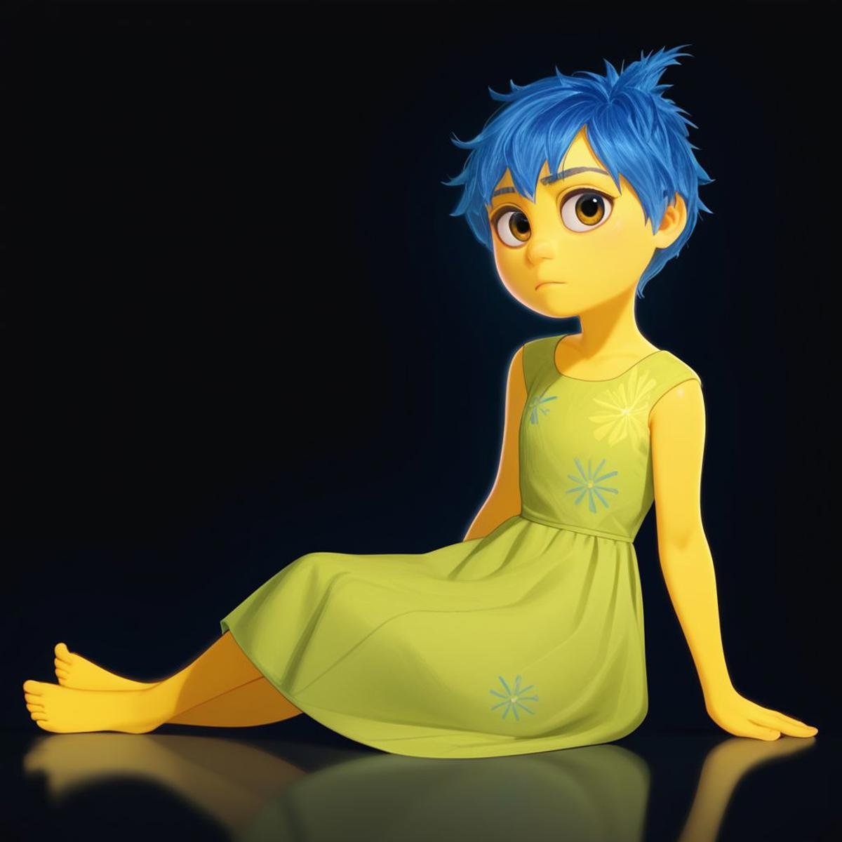 score_9, score_8_up, score_7_up, score_6_up, score_5_up, score_4_up, rating_questionable, JoyEmotion, glowing, 1girl, sitting on the floor, looking at viewer, blue hair, yellow skin, black background, dress