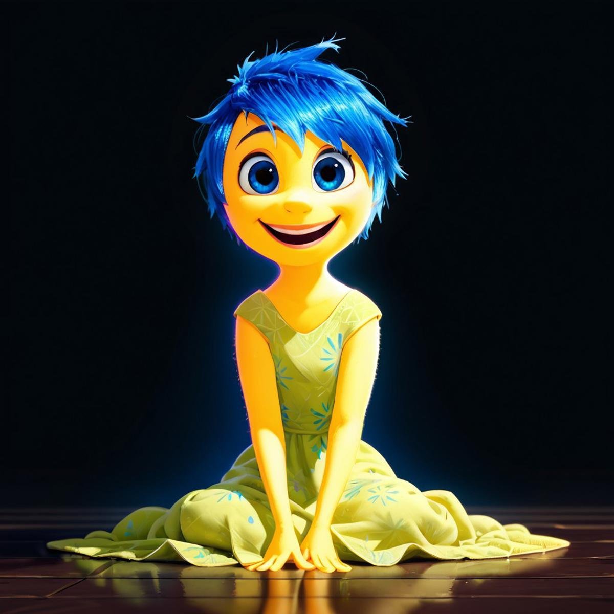 score_9, score_8_up, score_7_up, score_6_up, score_5_up, score_4_up, rating_questionable, JoyEmotion, glowing, 1girl, sitting on the floor, looking at viewer, blue hair, yellow skin, black background, loose dress, open mouth smile