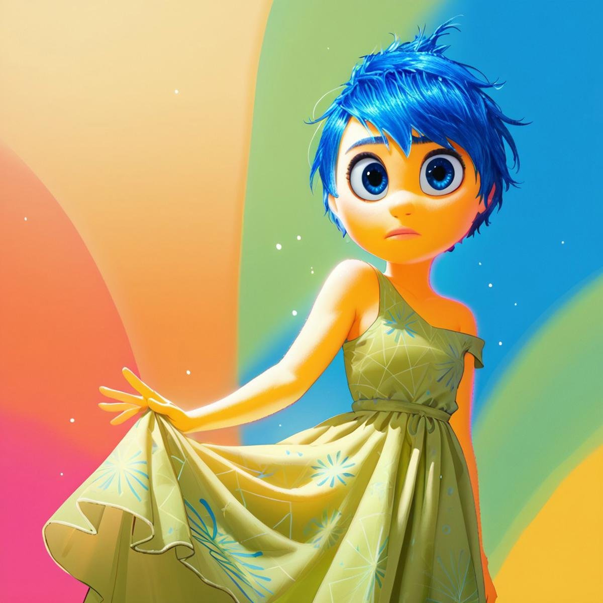 score_9, score_8_up, score_7_up, score_6_up, score_5_up, score_4_up, JoyEmotion, glowing, 1girl, looking at viewer, blue hair, yellow skin, colorful background, blue eyes, loose dress, exposed shoulder 