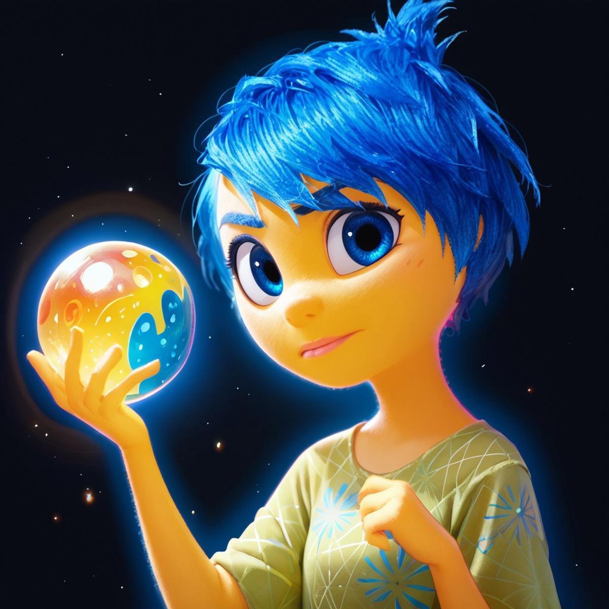 score_9, score_8_up, score_7_up, score_6_up, score_5_up, score_4_up, JoyEmotion, glowing, 1girl, looking at viewer, blue hair, yellow skin, black background, blue eyes, holding a colorful glowing ball