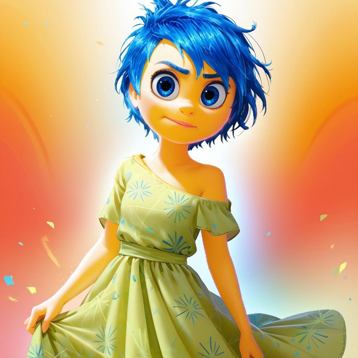 score_9, score_8_up, score_7_up, score_6_up, score_5_up, score_4_up, JoyEmotion, glowing, 1girl, looking at viewer, blue hair, yellow skin, colorful background, blue eyes, loose dress, exposed shoulder 