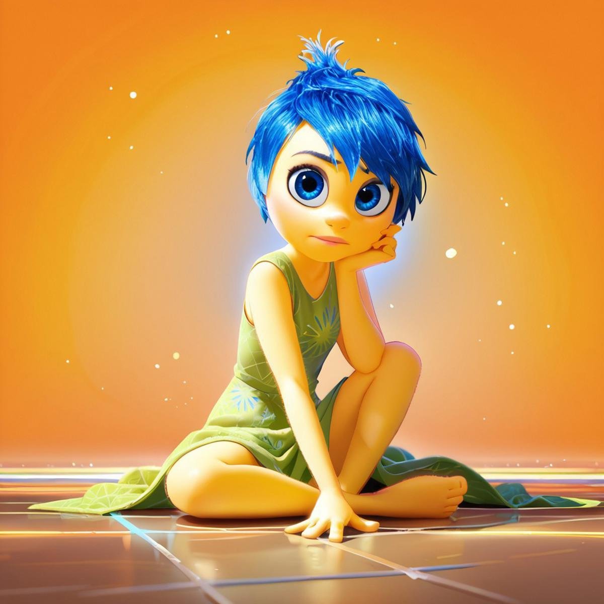 score_9, score_8_up, score_7_up, score_6_up, score_5_up, score_4_up, rating_questionable, JoyEmotion, glowing, 1girl, sitting on the floor, looking at viewer, blue hair, yellow skin, colorful background, blue eyes