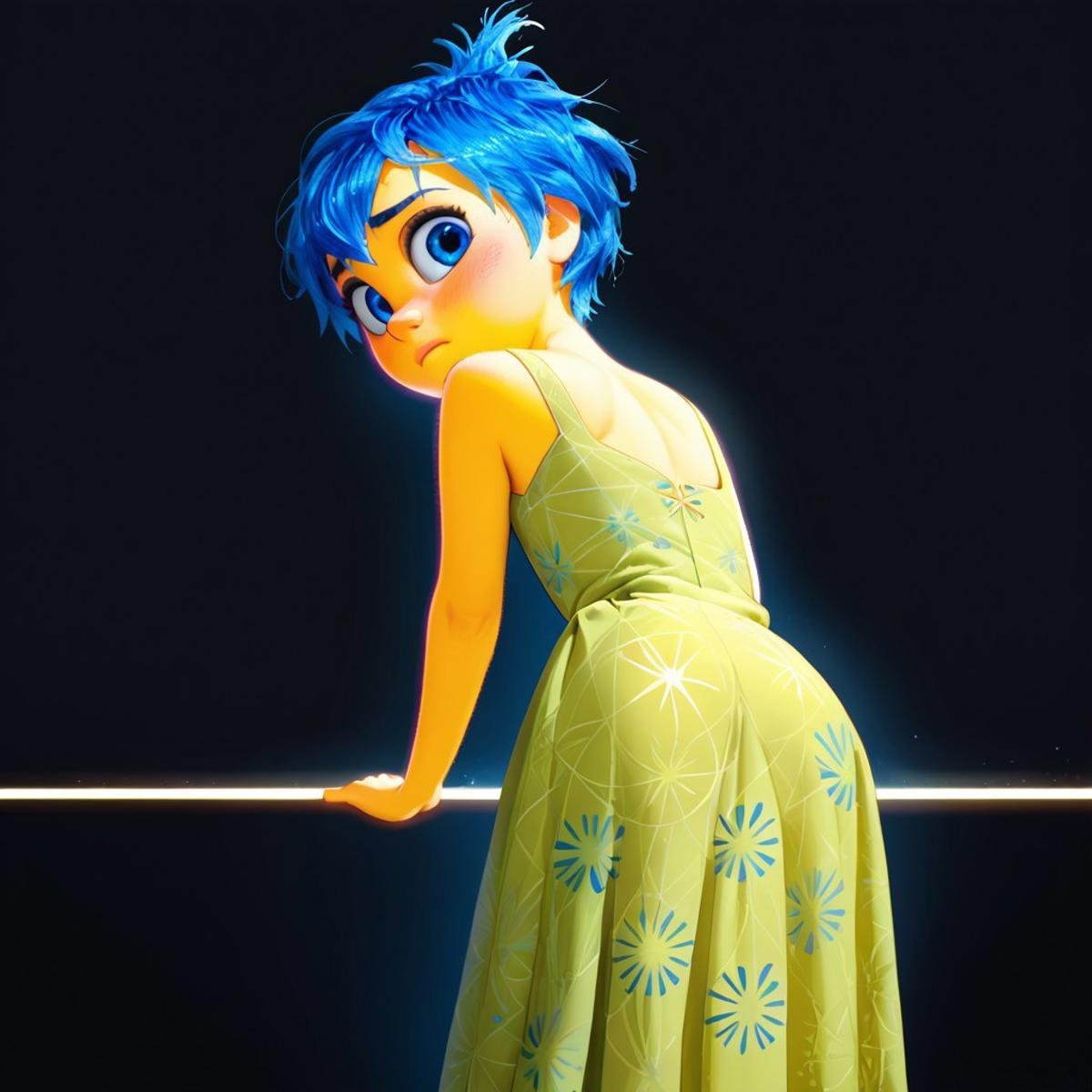 score_9, score_8_up, score_7_up, score_6_up, score_5_up, score_4_up, JoyEmotion, glowing, 1girl, looking at viewer, blue hair, yellow skin, black background, blue eyes, back facing viewer, bending over, looking back at viewer, blushing, dress