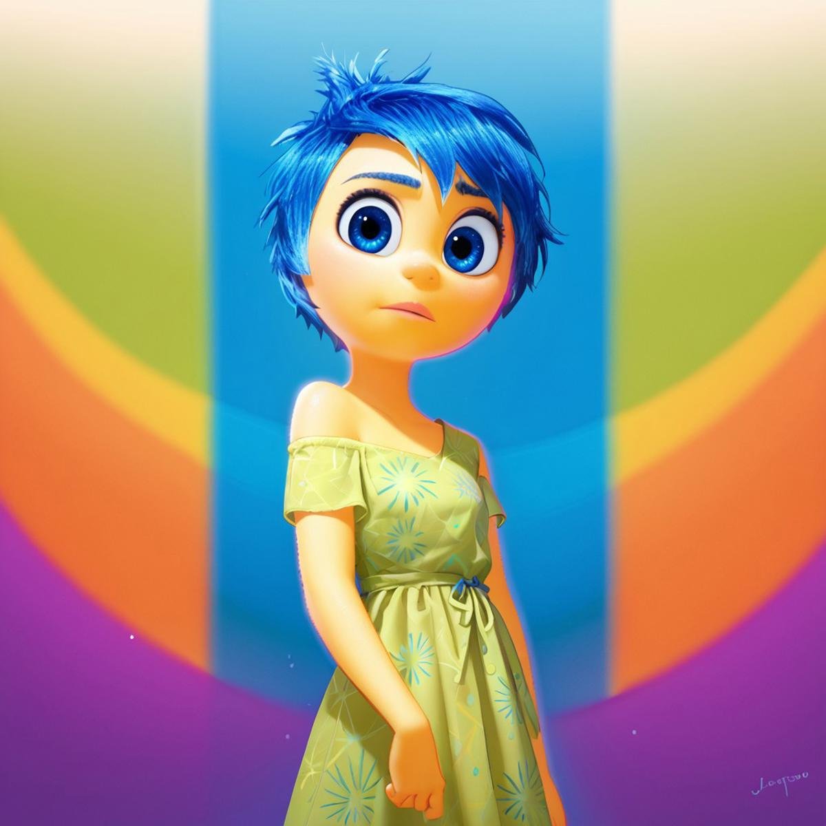 score_9, score_8_up, score_7_up, score_6_up, score_5_up, score_4_up, JoyEmotion, glowing, 1girl, looking at viewer, blue hair, yellow skin, colorful background, blue eyes, loose dress, exposed shoulder 