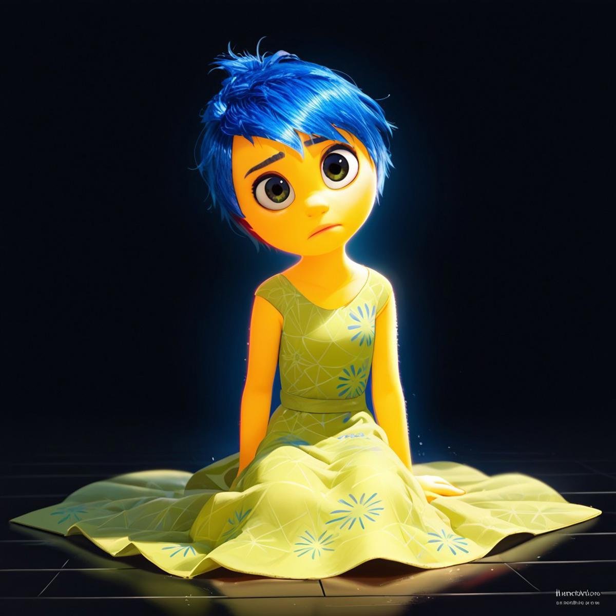 score_9, score_8_up, score_7_up, score_6_up, score_5_up, score_4_up, rating_questionable, JoyEmotion, glowing, 1girl, sitting on the floor, looking at viewer, blue hair, yellow skin, black background, dress, dress top falling down