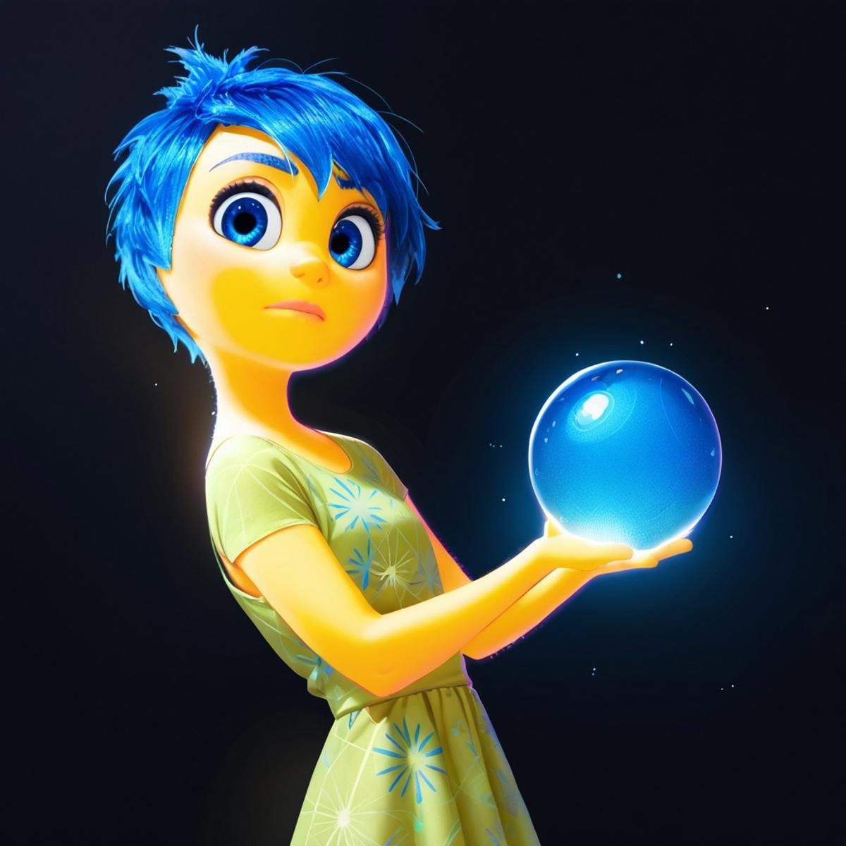 score_9, score_8_up, score_7_up, score_6_up, score_5_up, score_4_up, JoyEmotion, glowing, 1girl, looking at viewer, blue hair, yellow skin, black background, blue eyes, holding a glowing blue ball