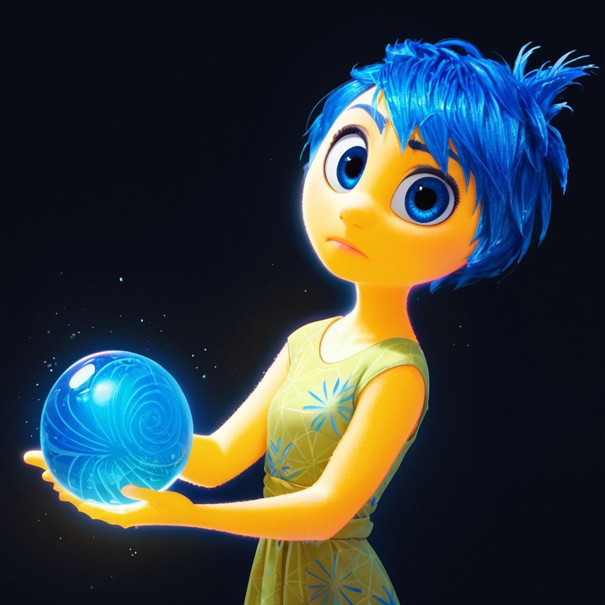 score_9, score_8_up, score_7_up, score_6_up, score_5_up, score_4_up, JoyEmotion, glowing, 1girl, looking at viewer, blue hair, yellow skin, black background, blue eyes, holding a colorful glowing ball