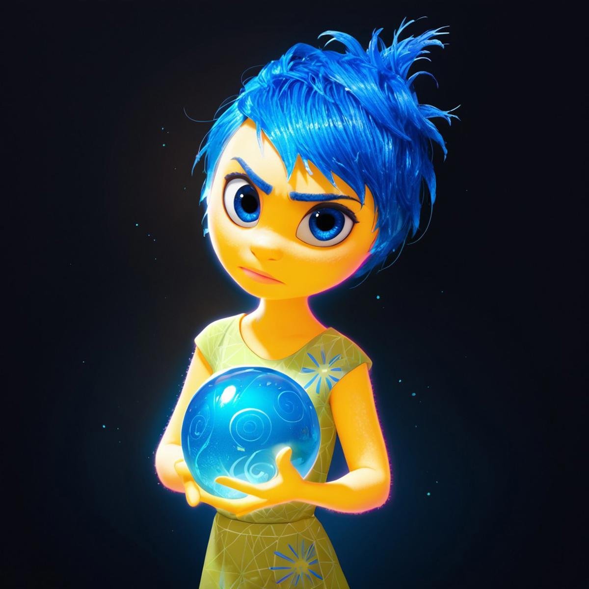 score_9, score_8_up, score_7_up, score_6_up, score_5_up, score_4_up, JoyEmotion, glowing, 1girl, looking at viewer, blue hair, yellow skin, black background, blue eyes, holding a colorful glowing ball