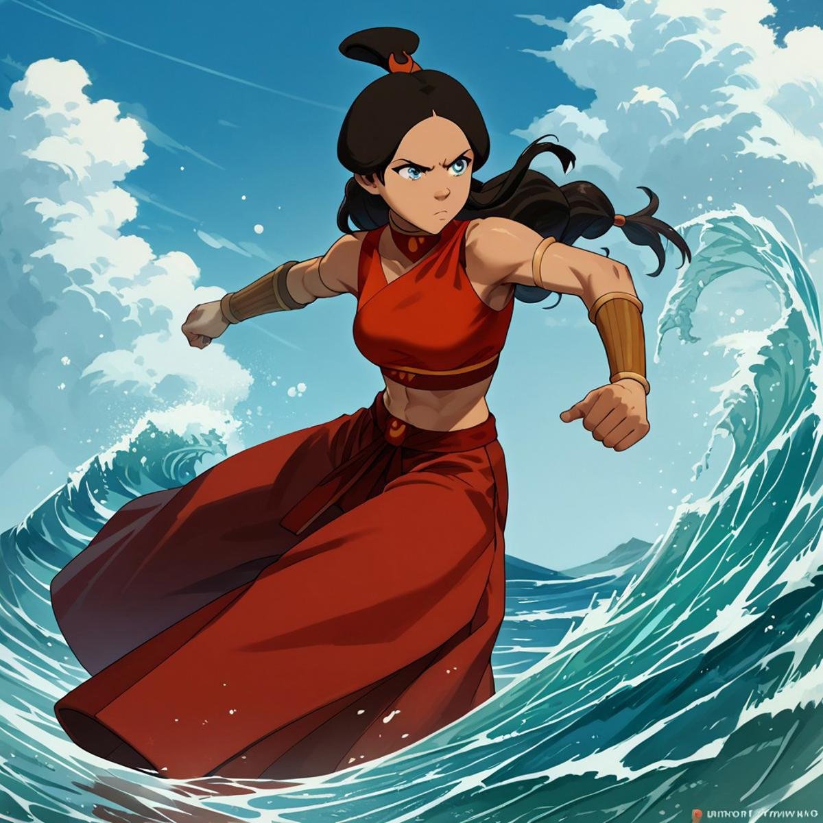 score_9, score_8_up, score_7_up, score_6_up, score_5_up, score_4_up, rating_questionable, KataraFire,   sexy pose, dark skin, water bending, fighting stance, exposed midriff, long skirt, tidal wave