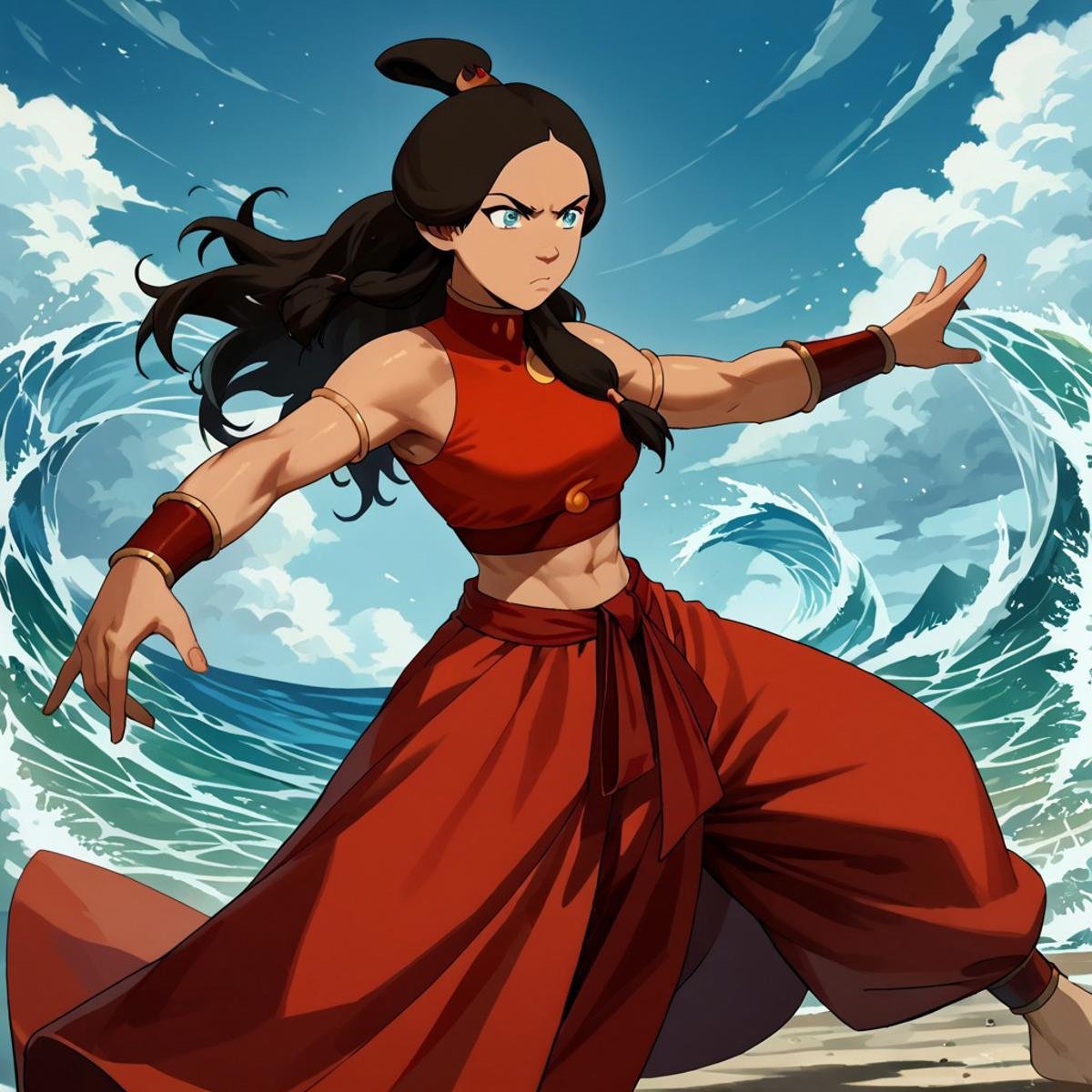 score_9, score_8_up, score_7_up, score_6_up, score_5_up, score_4_up, rating_questionable, KataraFire,   sexy pose, dark skin, water bending, fighting stance, exposed midriff, long skirt, tidal wave