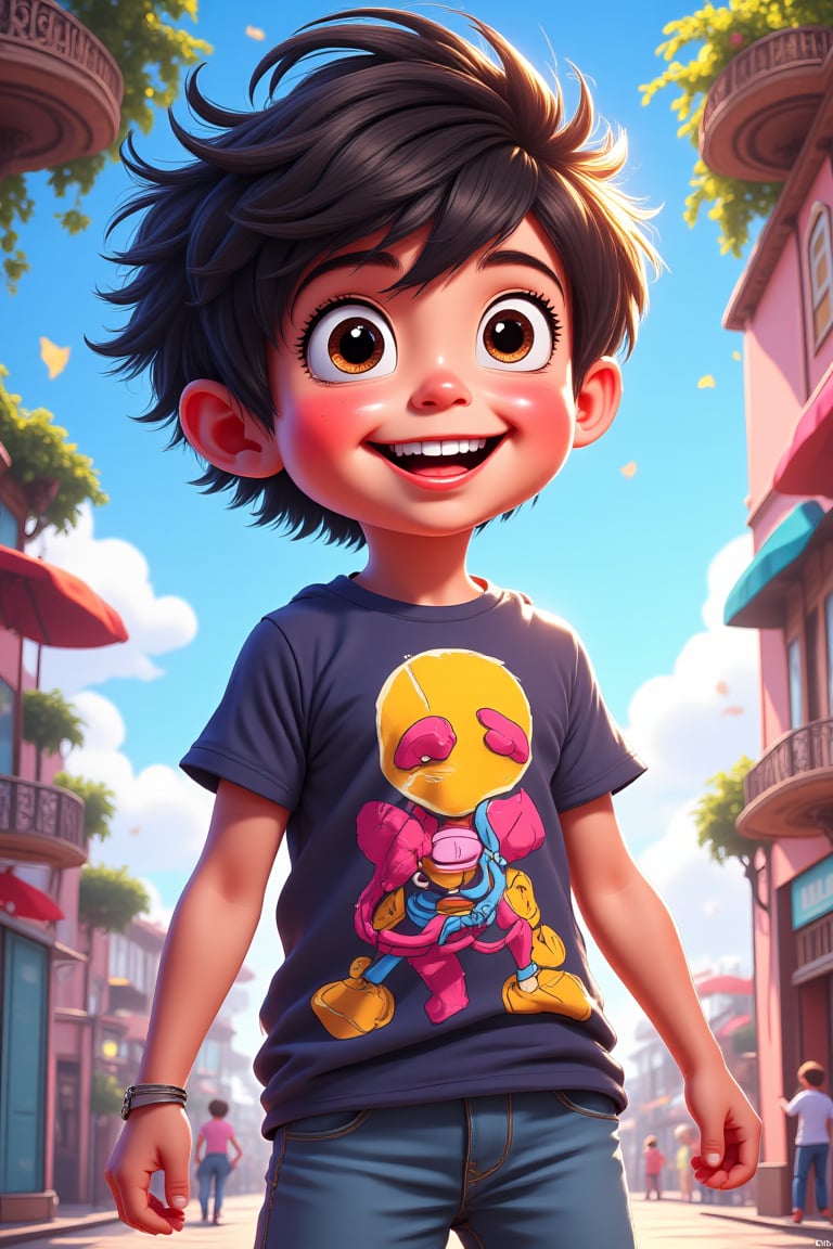 A dynamic anime-style artwork of a young boy, around 5 years old, with a radiant, heartwarming smile. His eyes are sparkling with joy, and his hair is styled in a trendy, anime-inspired cut. He's wearing a vibrant, graphic tee that complements the lively scene. The lighting is bright and cheerful, with a focus on his expressive face. The composition is engaging, with the boy posed in a playful stance, set against a fantastical, anime-esque backdrop filled with vivid colors and whimsical elements.