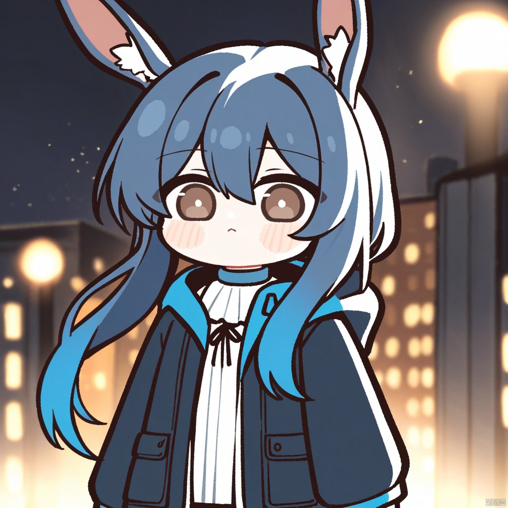 A chibi-style image of Amiya from Arknights. The shot is framed from a low angle, looking up at Amiya as she stands confidently in front of a cityscape backdrop. Soft, warm lighting illuminates her features, with subtle gradient effects to evoke a sense of depth and dimensionality. Her bright blue hair shines like a beacon against the darkened sky, while her expression exudes determination and resolve.