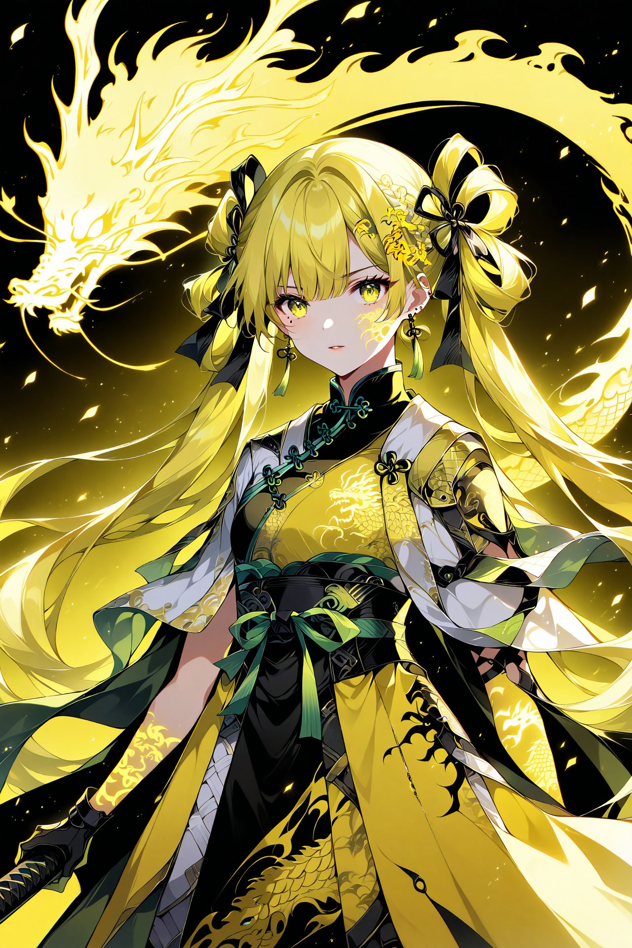 score_9,score_8_up,score_7_up), 1girl, solo, very long hair, bangs, twintails, hair rings, mole, cape, dress, ribbon, jewelry, earrings, chinese clothes, china dressdark background, high contrast,GLOWING,glowing_tattoo,single_color_theme, yellow theme, chinese dragon tattoo, glowing_tattoo, low  saturation,Jinhsi_ww,splashart