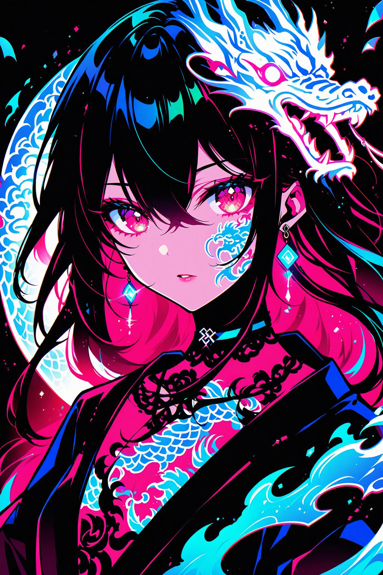 score_9,score_8_up,score_7_up), AiArtV,Flat Illustration,Vector Illustration,splashart,1girl, solo, long hair, looking at viewer, bangs, black hair, hair between eyes, jewelry, upper body, flower, earrings, parted lips, choker, rich color, dark background, high contrast,GLOWING,glowing_tattoo,single_color_theme, cyan theme, chinese dragon tattoo