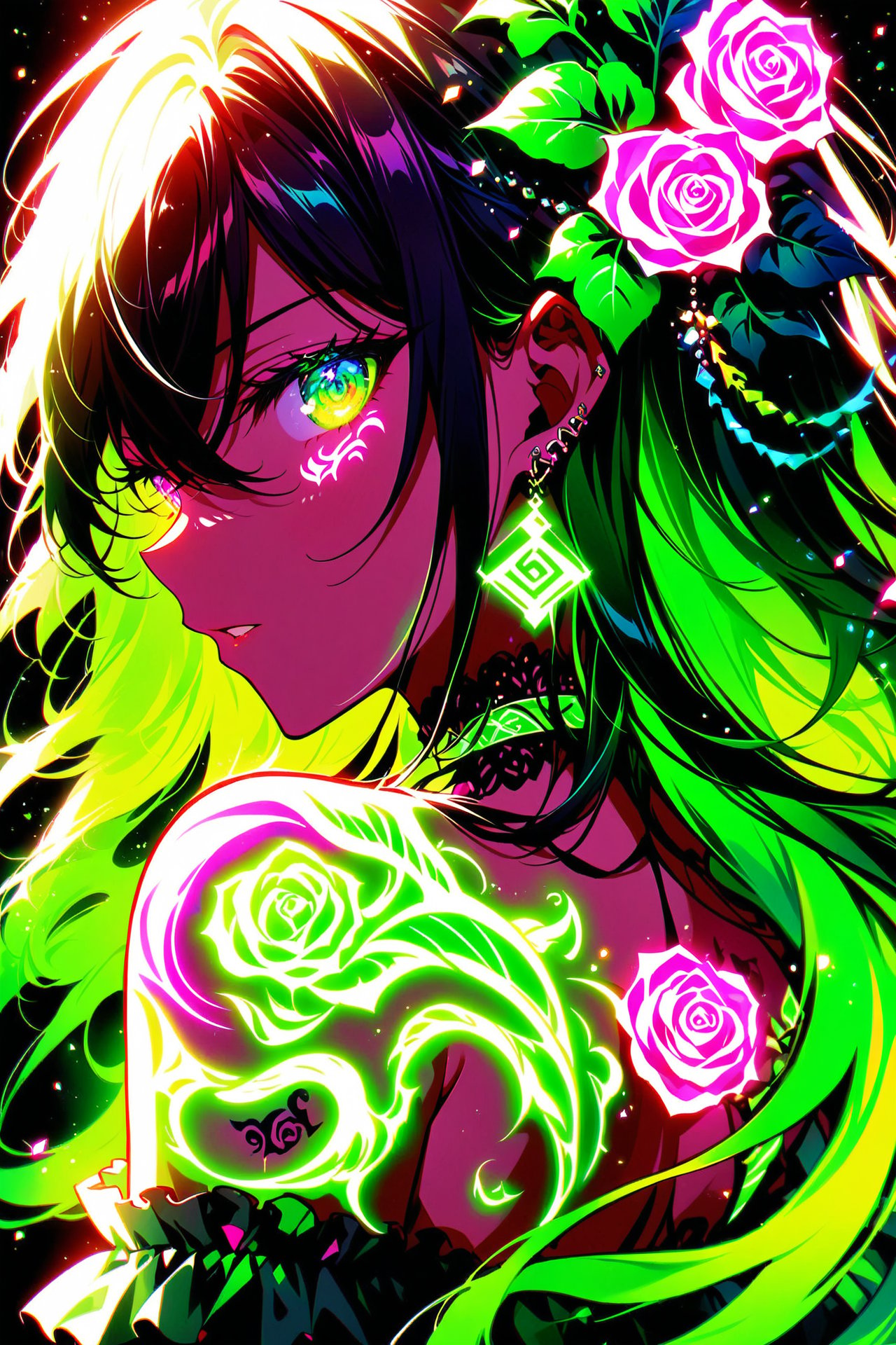 score_9,score_8_up,score_7_up), AiArtV,Flat Illustration,Vector Illustration,splashart,1girl, solo, long hair, looking at viewer, bangs, black hair, hair between eyes, jewelry, upper body, flower, earrings, parted lips, choker, looking , back, tattoo, rose, portrait, multicolored eye, rich color, dark background, high contrast, green theme, glowing_tattoo,single_color_theme,