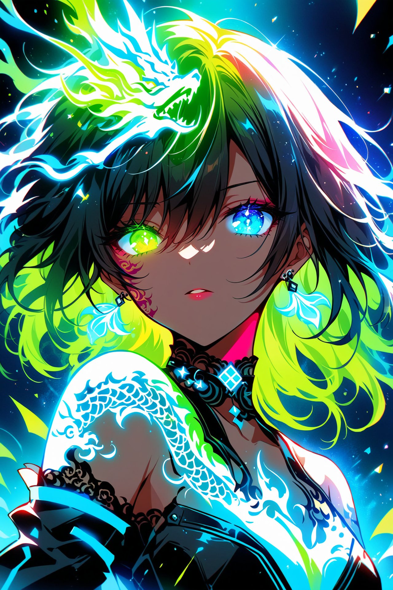 score_9,score_8_up,score_7_up), AiArtV,Flat Illustration,Vector Illustration,splashart,1girl, solo, long hair, looking at viewer, bangs, black hair, hair between eyes, jewelry, upper body, flower, earrings, parted lips, choker, rich color, dark background, high contrast,GLOWING,glowing_tattoo,single_color_theme, cyan theme, chinese dragon tattoo