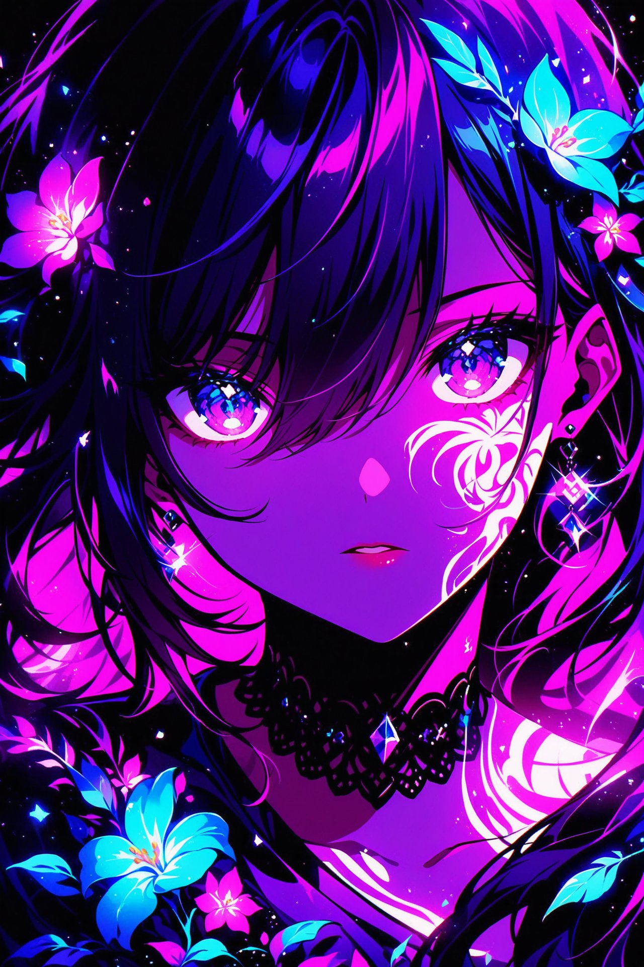 score_9,score_8_up,score_7_up), AiArtV,Flat Illustration,Vector Illustration,splashart,1girl, solo, long hair, looking at viewer, bangs, black hair, hair between eyes, jewelry, upper body, flower, earrings, parted lips, choker,portrait eye, rich color, dark background, high contrast,GLOWING,glowing_tattoo,single_color_theme, purple theme, chinese