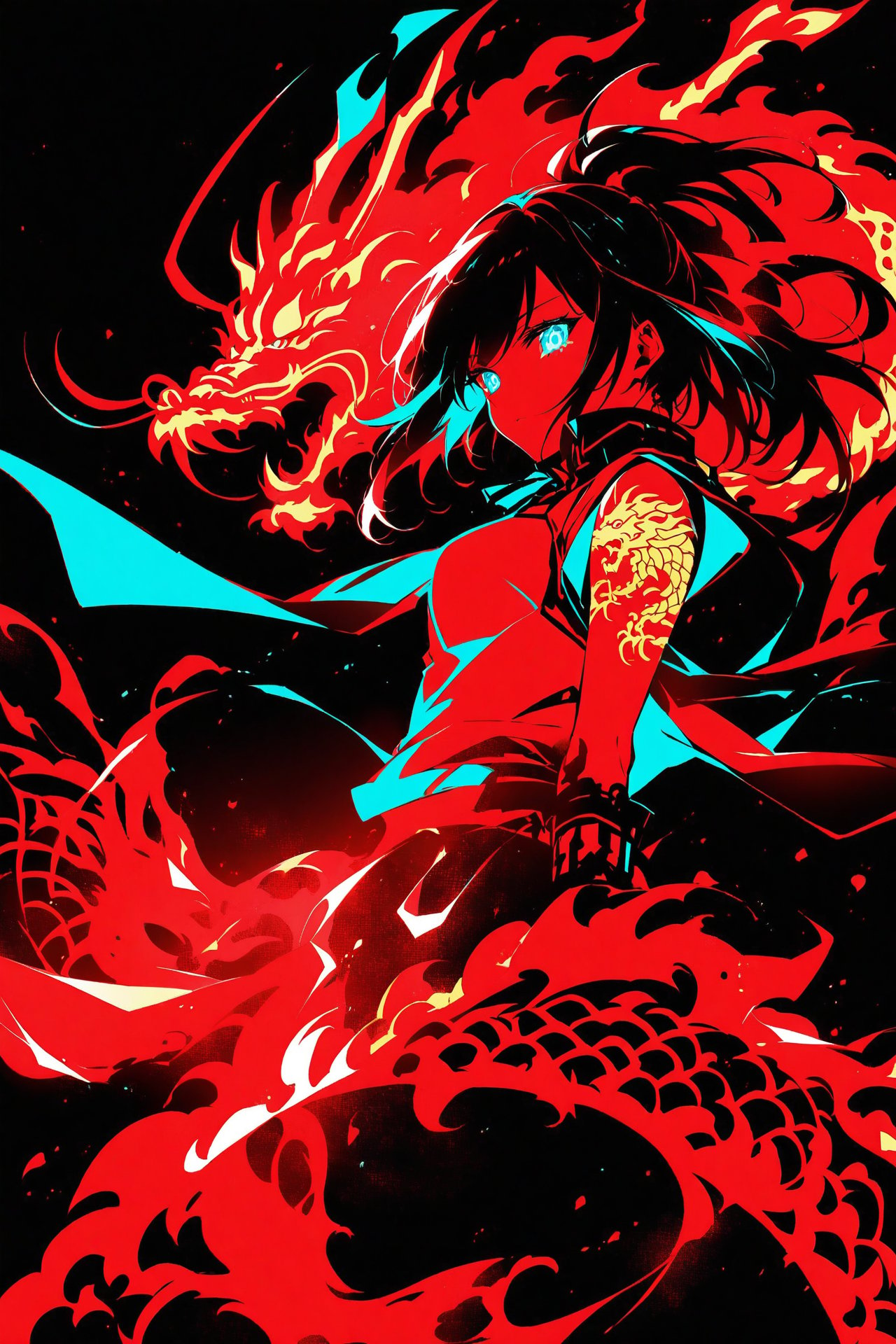 score_9,score_8_up,score_7_up), 1girl, solo,  dark background, high contrast,GLOWING,glowing_tattoo,single_color_theme, red theme, chinese dragon tattoo