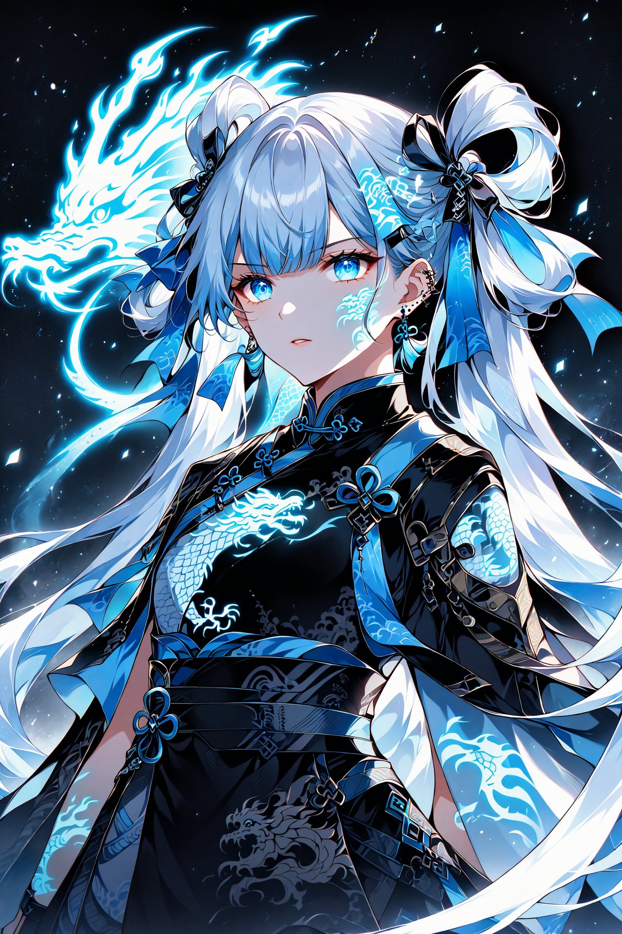 score_9,score_8_up,score_7_up), 1girl, solo, very long hair, bangs, twintails, hair rings, mole, cape, dress, ribbon, jewelry, earrings, chinese clothes, china dressdark background, high contrast,GLOWING,glowing_tattoo,single_color_theme, blue theme, chinese dragon tattoo, glowing_tattoo, low  saturation,Jinhsi_ww,splashart