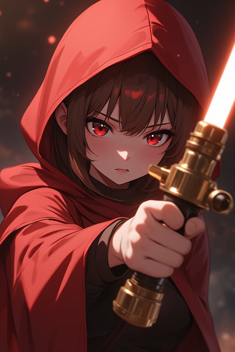 A cinematic frame captures a striking anime scene: a young girl dressed in a vibrant red Riding Hood costume, her gaze intense as she grips a gleaming lightsaber. The golden hilt shines against the dark fabric of her cloak, while the red hood's iconic shape forms a dramatic backdrop. Soft, warm lighting accentuates her determined expression, as if ready to face an intergalactic challenge, ATRFX