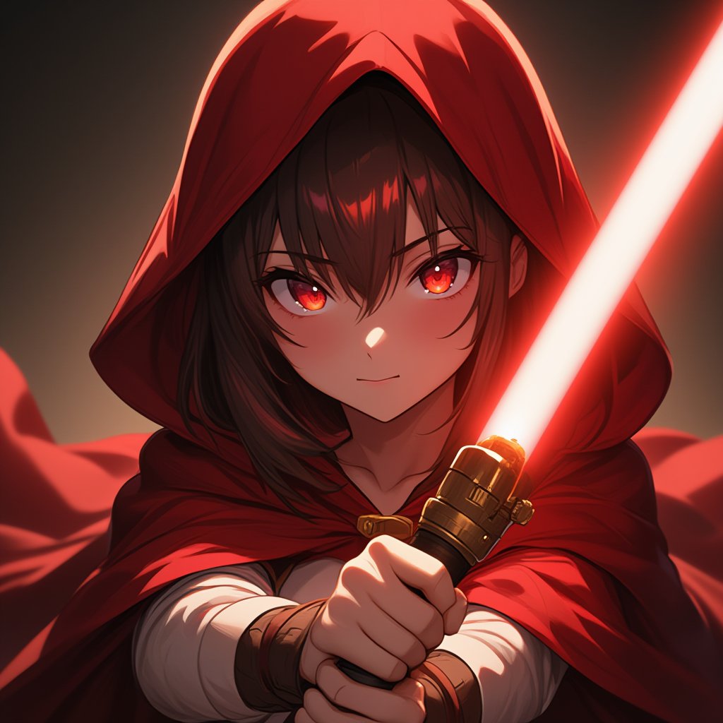 ATRFX, A cinematic frame captures a striking anime scene: a young girl dressed in a vibrant red Riding Hood costume, her gaze intense as she grips a gleaming lightsaber. The golden hilt shines against the dark fabric of her cloak, while the red hood's iconic shape forms a dramatic backdrop. Soft, warm lighting accentuates her determined expression, as if ready to face an intergalactic challenge