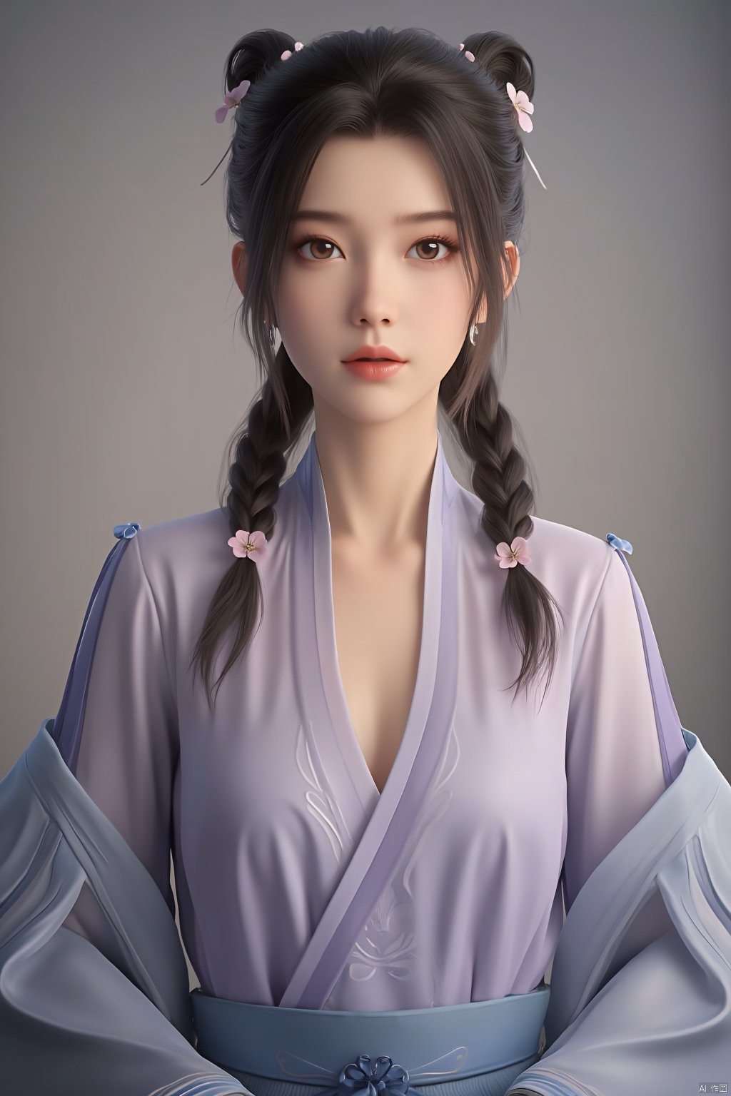 Best quality, Realistic, photorealistic, masterpiece, (huge breasts:2.69) ,masterpiece,hanfu style,A young woman personifying a princess from the Joseon Dynasty,standing with nobility,possesses deer-like eyes, (huge breasts:2.79) ,innocence radiated,dressed in light purple jeogori and voluminous light blue chima,hair styled in twin braids with cherry blossom hairpins adding a cute element,east Asian traditional attire,soft pastels,intricate patterns on fabric,,(huge breasts:2.99),Xsutaner,Xhulianxin,Xyinluoxia,Xsysh,Xyunxiao,Xningyao