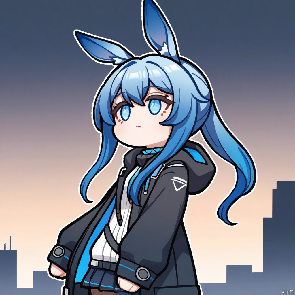 A chibi-style image of Amiya from Arknights. The shot is framed from a low angle, looking up at Amiya as she stands confidently in front of a cityscape backdrop. Soft, warm lighting illuminates her features, with subtle gradient effects to evoke a sense of depth and dimensionality. Her bright blue hair shines like a beacon against the darkened sky, while her expression exudes determination and resolve.