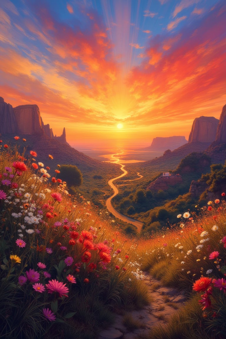 masterpiece, best quality, aethetic, vibrant sunsets, blooming wildflowers,noc-fantasy