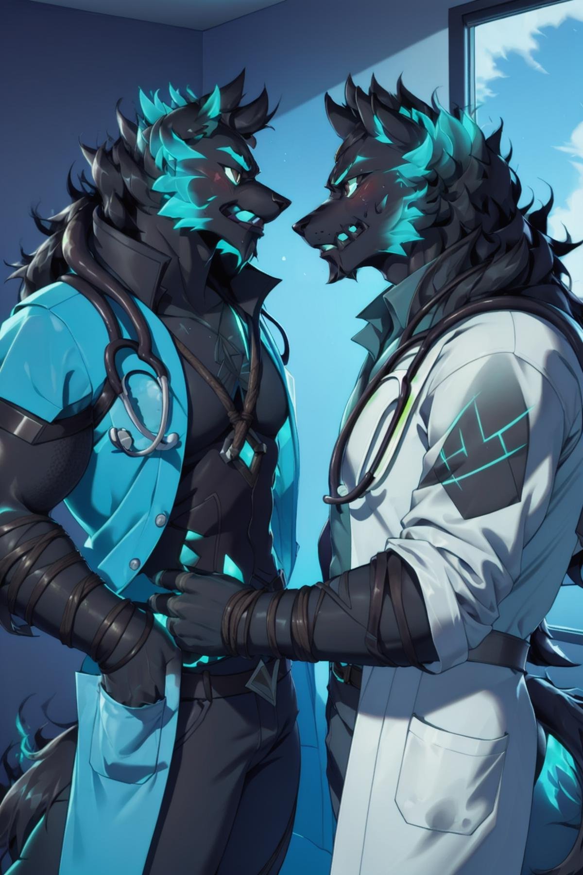 <lora:Cerberus_Fortnite:1>,Cerberus-fortnite,best quality, masterpiece, intricate details, 2boys, manly, (doctors:1.3), white rope, doctor office, chilling, stubble, sweat, blush, looking at each other,