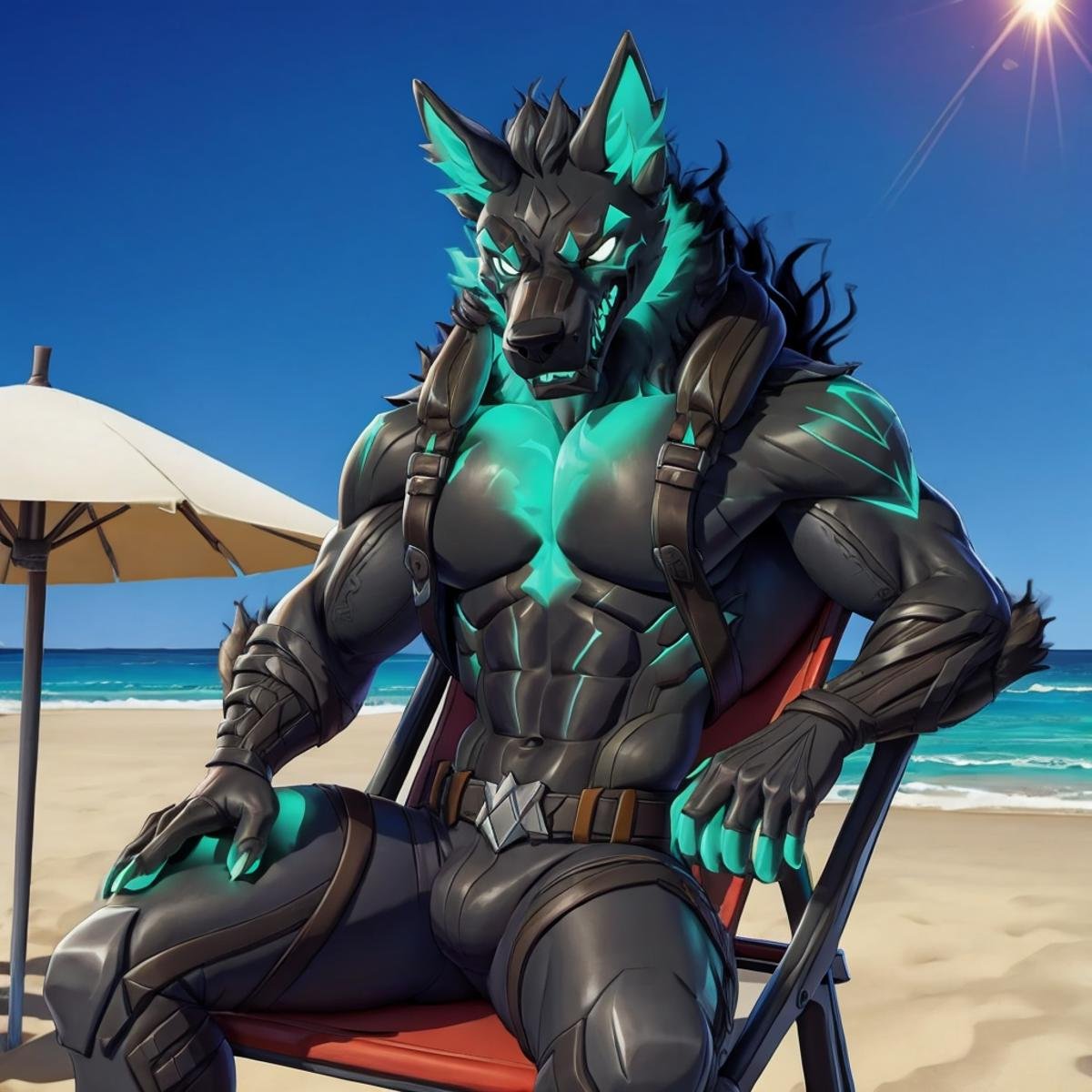 cerberus-fortnite,male, <lora:Cerberus_Fortnite:0.8>, beach, sunbathing, solo, chair, sun