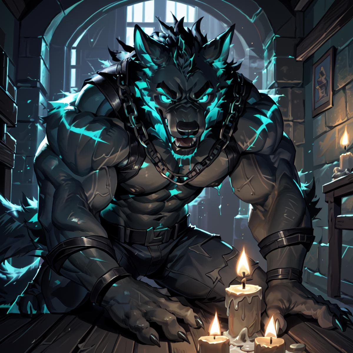 <lora:Cerberus_Fortnite:0.8>,Cerberus-fortnite, explict content, by (darkgem), (muscle:1.0), male, anthro, solo, panther, , (bind), candles, dungeon, dark, looking pleasured, chain, (bodily fluid:1.2), detailed realistic painting, tongue out, extremly detailed, very dark, HDR