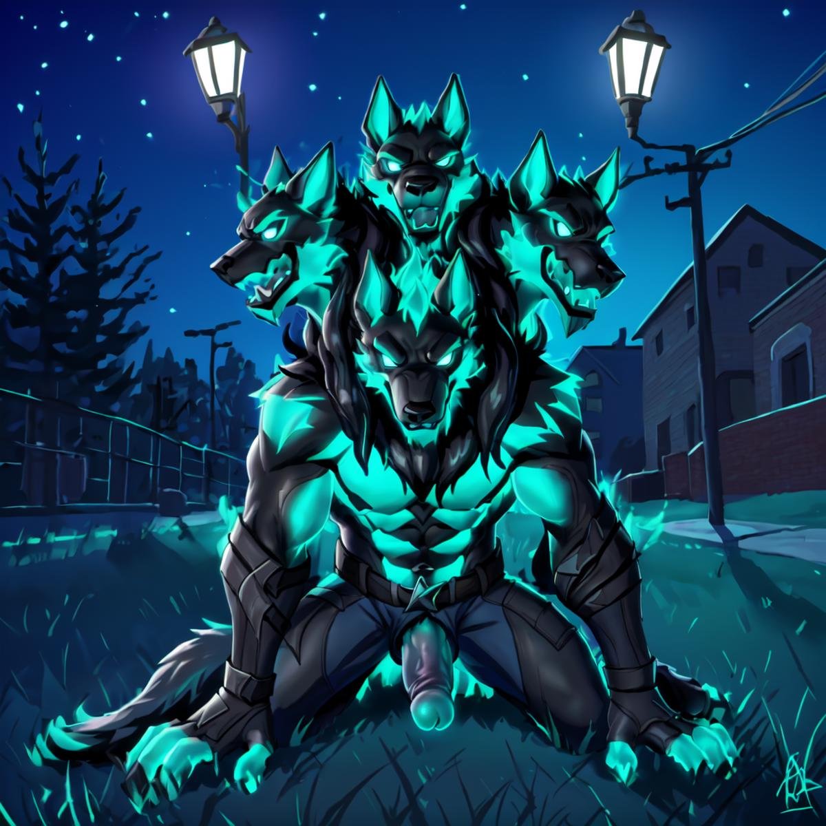 <lora:Cerberus_Fortnite (1):0.8>,cerberus-fortnite, outside, streetlight, 1boy, (one head:1.3), stars, all four on the ground, penis,